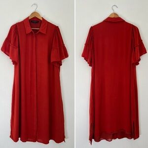 Eloquii Burnt Red Flutter Sleeves Button Down Casual Flowy Midi/Maxi Dress